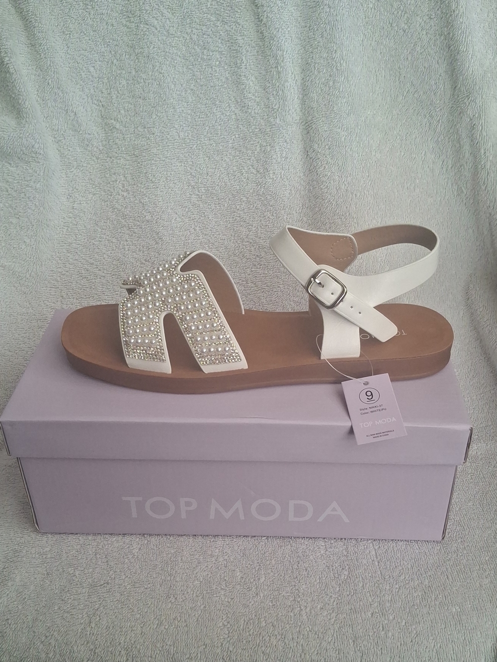 TOP Moda White Pearl-Embellished Ankle-Strap Sandals